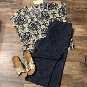Navy and Cream Top with Blue Denim Trouser Capris
